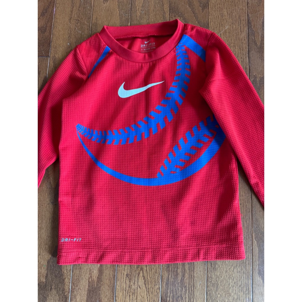 Nike Dri-FIT Kids 4T Red Baseball Stitch Graphic Long Sleeve Performance Shirt